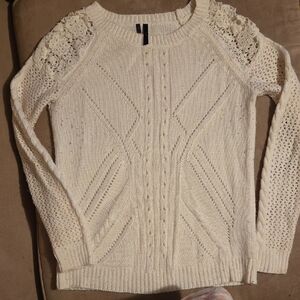 Maurices Cream Cable Knit Sweater with Lace Shoulder